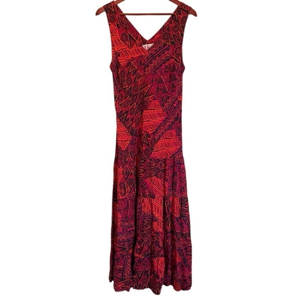 Vtg R&K Originals Womens Maxi Dress 14 Red Sleeveless Drop Waist Tribal Vacay